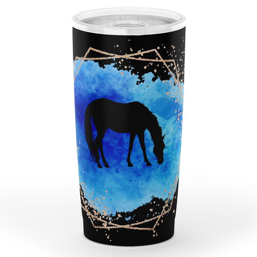 Blue on black horse motif insulated tumbler