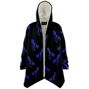 Blue galloping horses hooded cloak